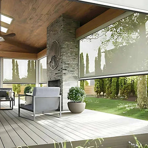 Modern motorized patio and garage screens providing sun protection and bug-free comfort