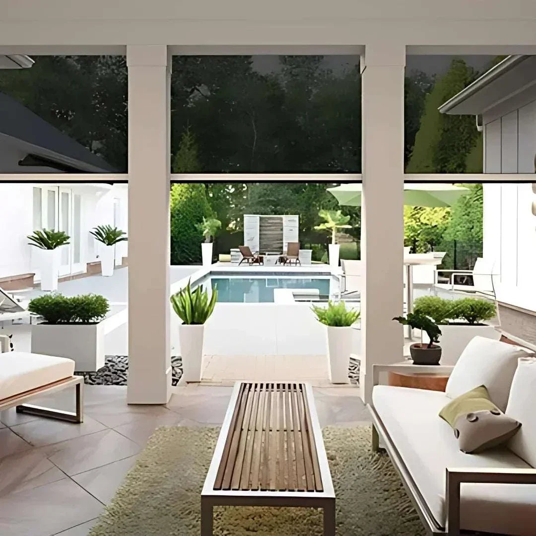 Modern motorized patio and garage screens with remote control for sun and bug protection