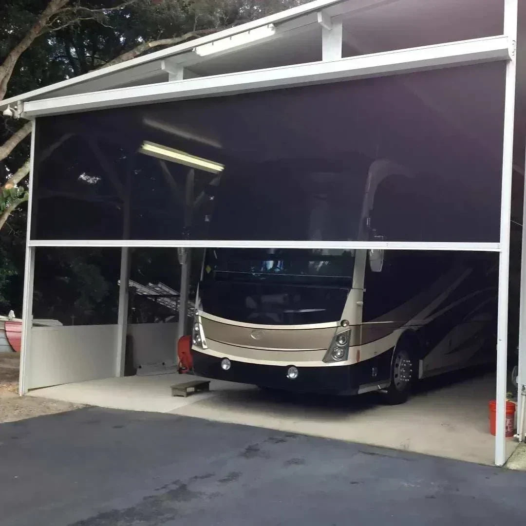 Oversized , RV and Motorhome, Motorized powered garage screens installed on outdoor patio providing bug-free, sun-shielded living space